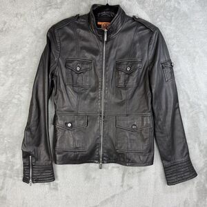 Tory Burch Leather Jacket Black Long Sleeve Full Zip Lined Women's Size 10